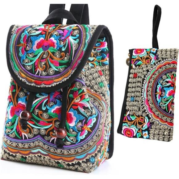2 Pack Embroidered Backpack Purse & Small Wristlet Purse for Cellphone Coin Cash main image 5